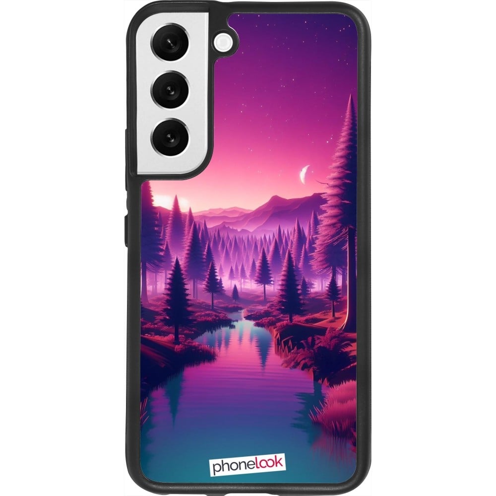 Coque Samsung Galaxy S22 - Silicone rigide noir Paysage Violet-Rose