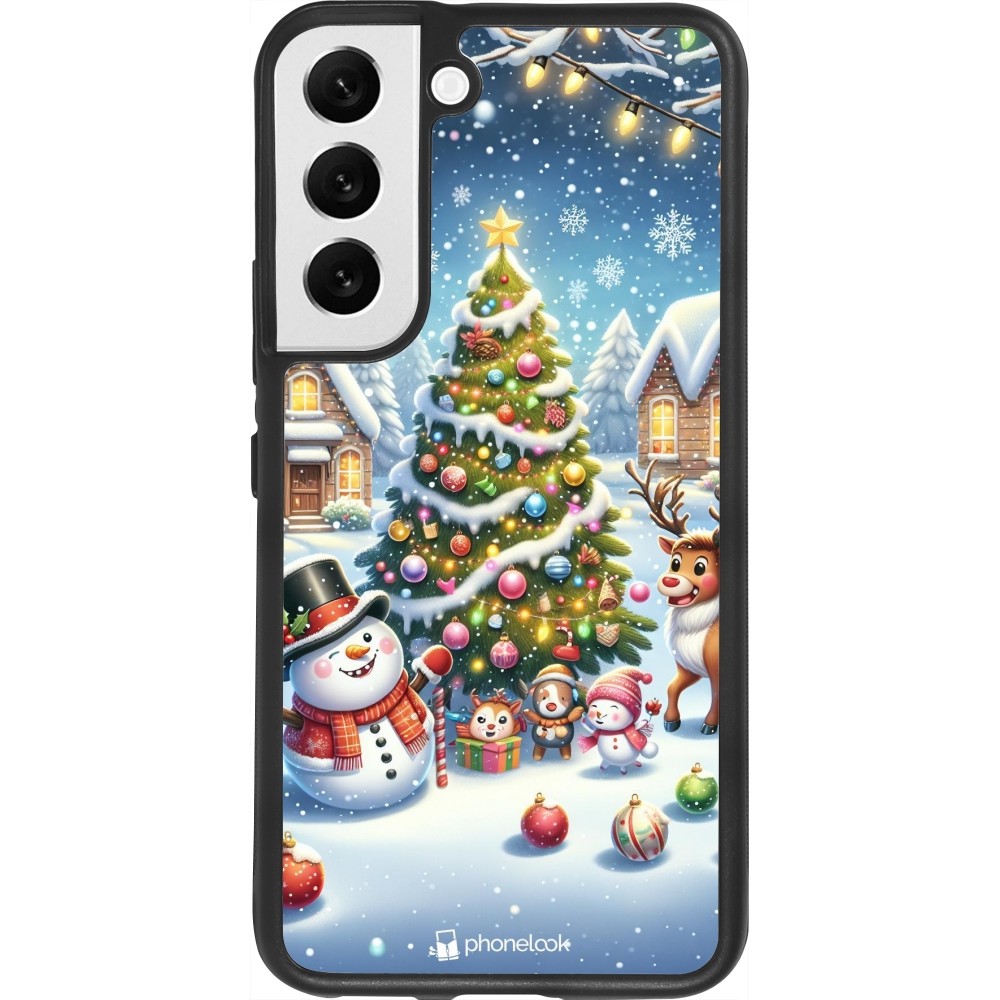 Coque Samsung Galaxy S22 - Silicone rigide noir Noël 2023 bonhomme de neige et sapin