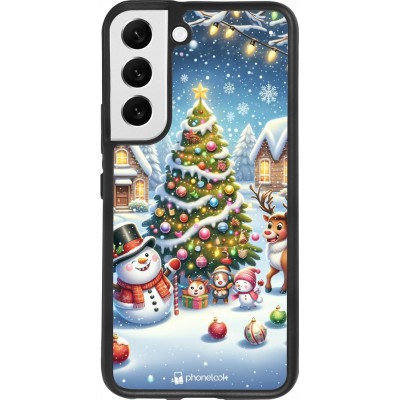 Coque Samsung Galaxy S22 - Silicone rigide noir Noël 2023 bonhomme de neige et sapin