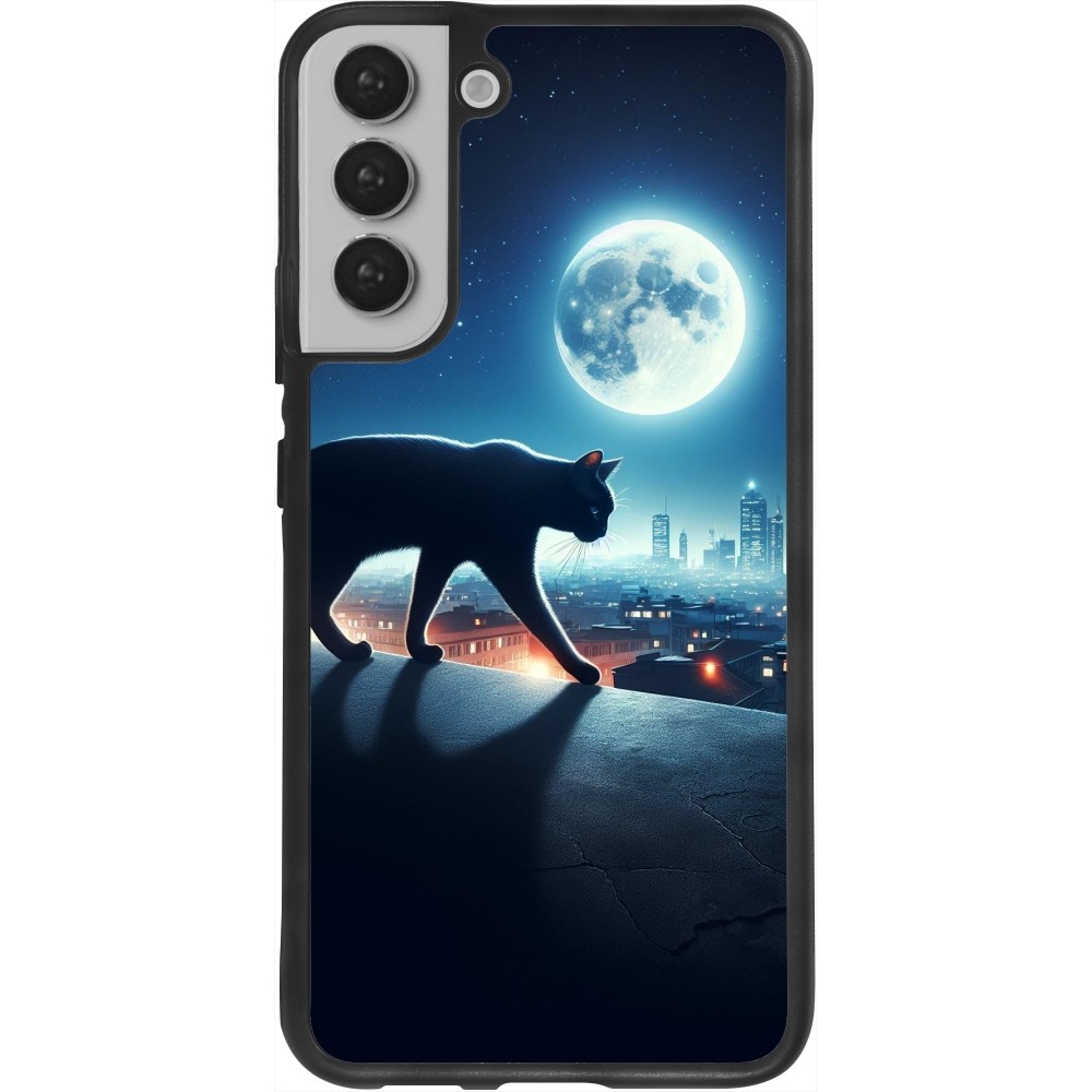 Coque Samsung Galaxy S22+ - Silicone rigide noir Chat noir sous la pleine lune