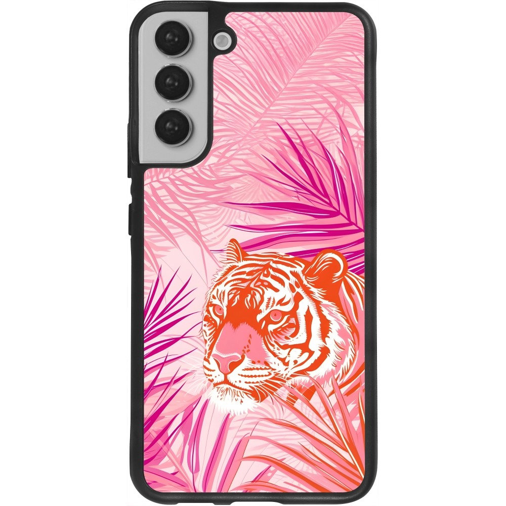 Coque Samsung Galaxy S22+ - Silicone rigide noir Tigre palmiers roses