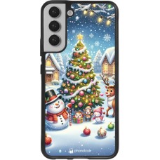 Coque Samsung Galaxy S22+ - Silicone rigide noir Noël 2023 bonhomme de neige et sapin