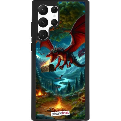 Coque Samsung Galaxy S22 Ultra - Silicone rigide noir Dragon Volant Forêt Trésor