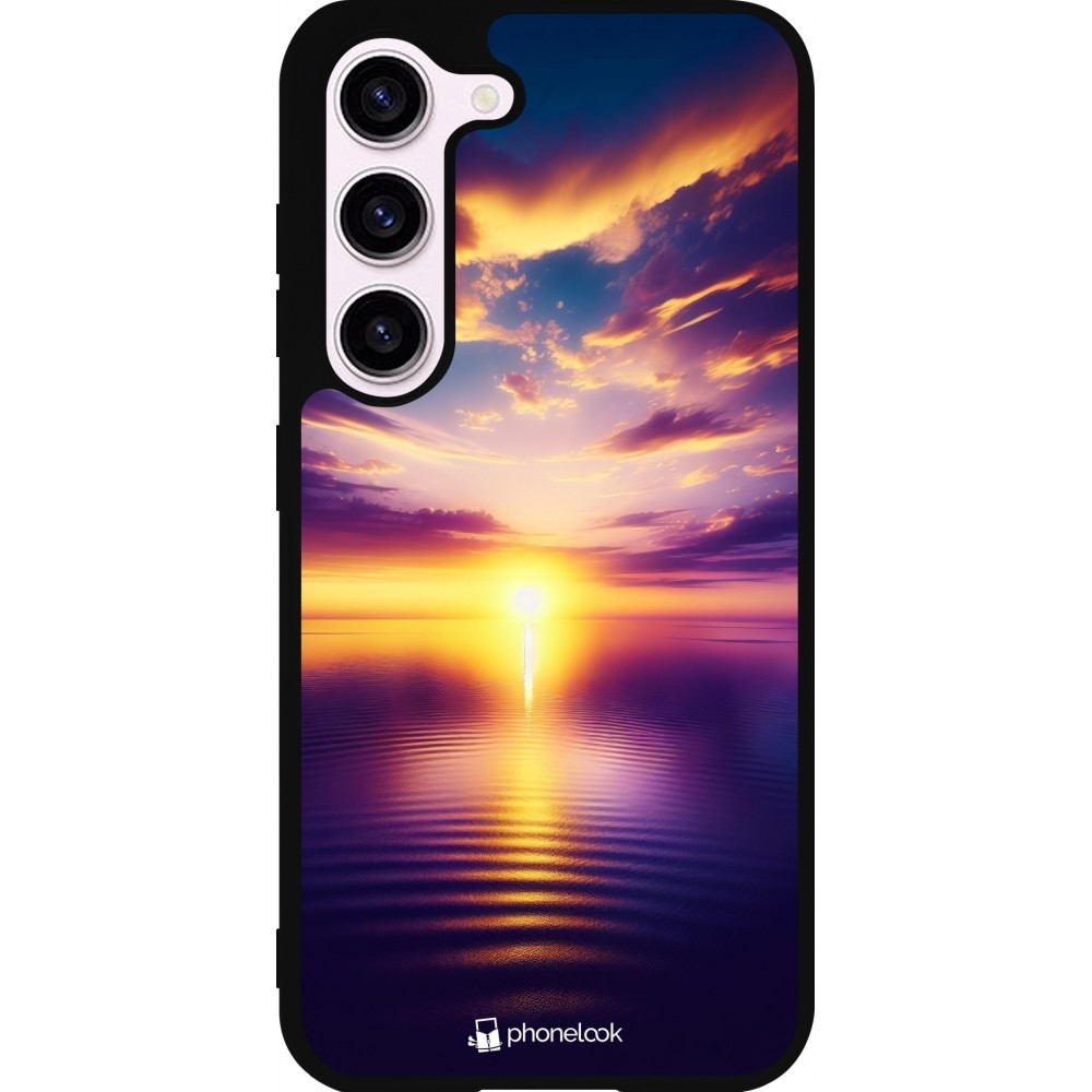 Coque Samsung Galaxy S23 - Silicone rigide noir Coucher soleil jaune violet