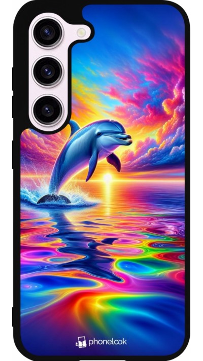 Coque Samsung Galaxy S23 - Silicone rigide noir Dauphin arc-en-ciel heureux