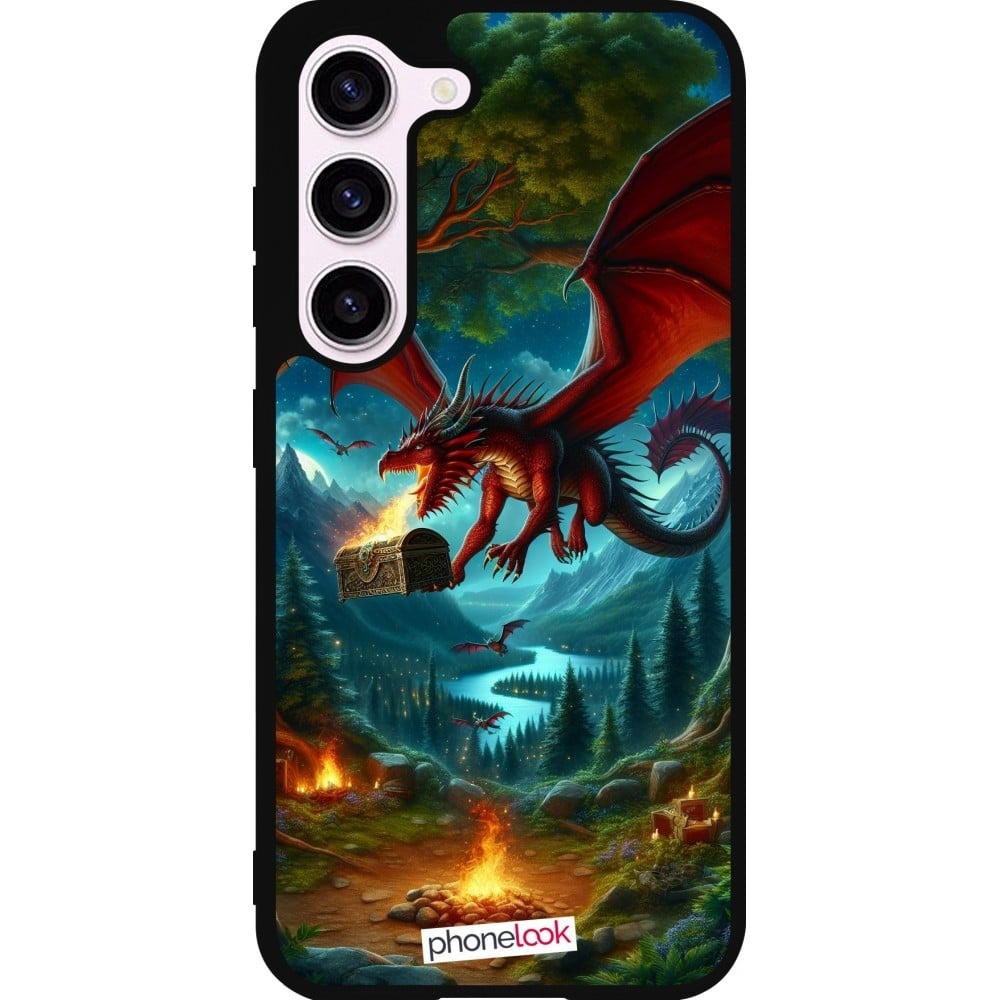 Coque Samsung Galaxy S23 - Silicone rigide noir Dragon Volant Forêt Trésor