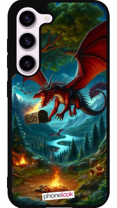 Coque Samsung Galaxy S23 - Silicone rigide noir Dragon Volant Forêt Trésor