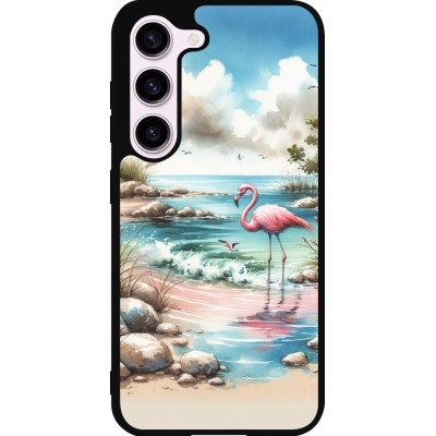 Coque Samsung Galaxy S23 - Silicone rigide noir Flamant rose aquarelle