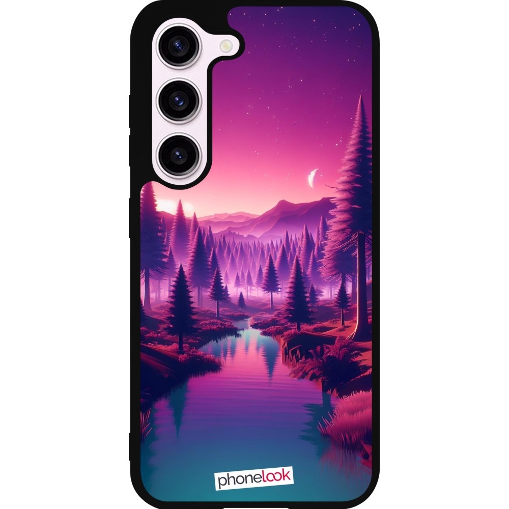 Coque Samsung Galaxy S23 - Silicone rigide noir Paysage Violet-Rose