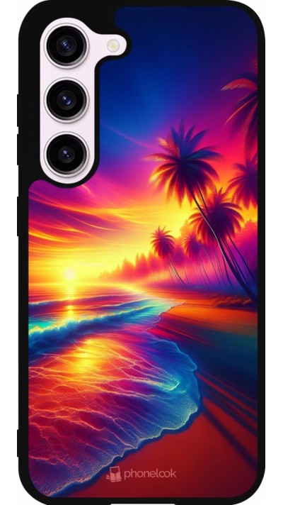 Coque Samsung Galaxy S23 - Silicone rigide noir Plage coucher soleil flashy