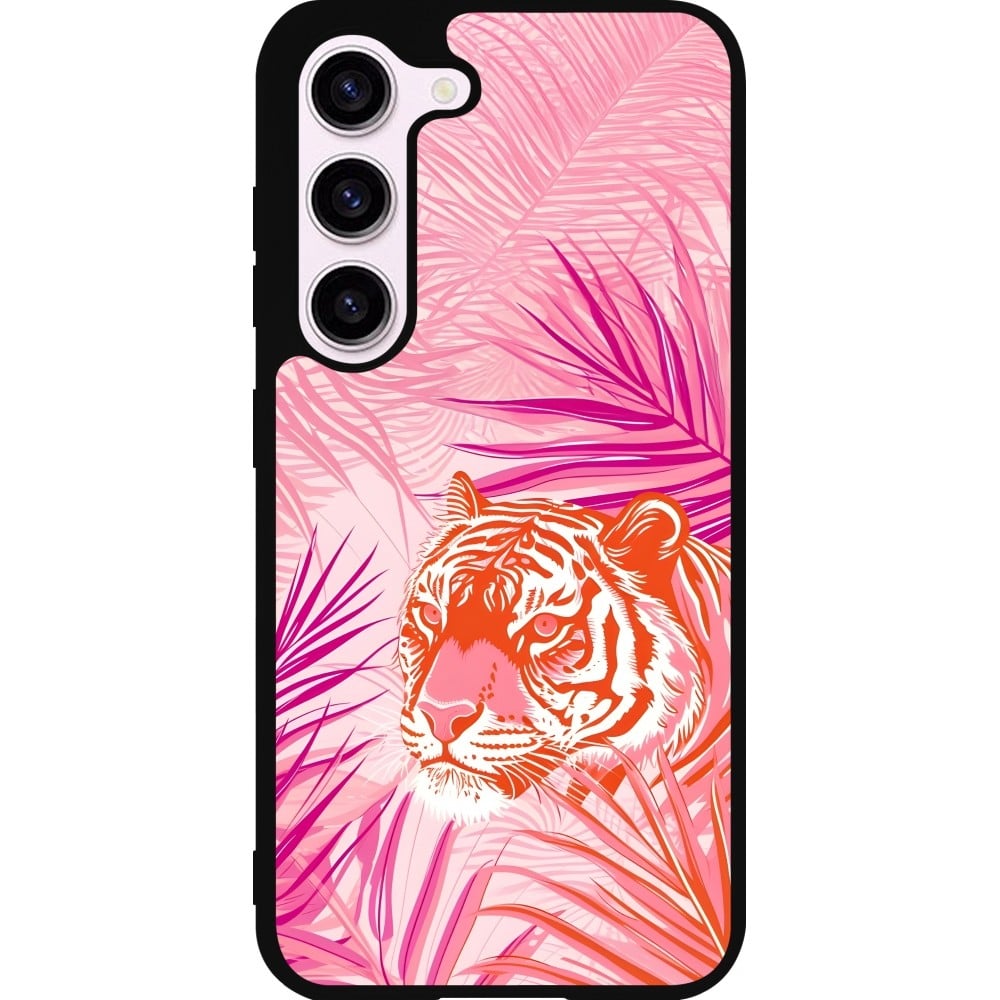 Coque Samsung Galaxy S23 - Silicone rigide noir Tigre palmiers roses