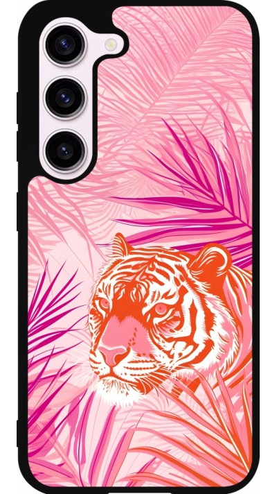 Coque Samsung Galaxy S23 - Silicone rigide noir Tigre palmiers roses