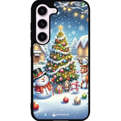 Coque Samsung Galaxy S23 - Silicone rigide noir Noël 2023 bonhomme de neige et sapin