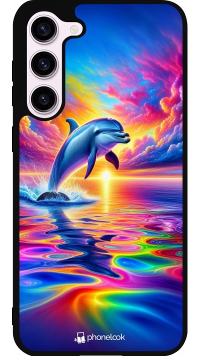 Coque Samsung Galaxy S23+ - Silicone rigide noir Dauphin arc-en-ciel heureux