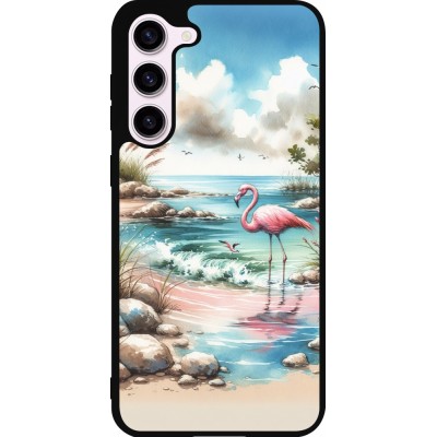 Coque Samsung Galaxy S23+ - Silicone rigide noir Flamant rose aquarelle