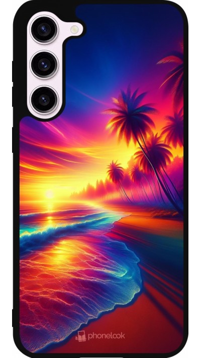 Coque Samsung Galaxy S23+ - Silicone rigide noir Plage coucher soleil flashy