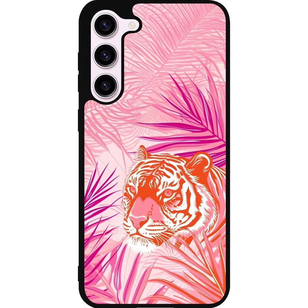 Coque Samsung Galaxy S23+ - Silicone rigide noir Tigre palmiers roses