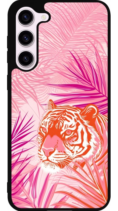 Coque Samsung Galaxy S23+ - Silicone rigide noir Tigre palmiers roses