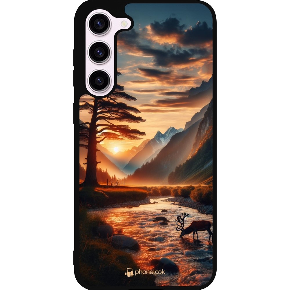 Coque Samsung Galaxy S23+ - Silicone rigide noir Valley Sunset Deer Tree