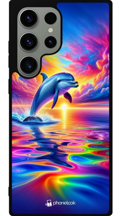 Coque Samsung Galaxy S23 Ultra - Silicone rigide noir Dauphin arc-en-ciel heureux