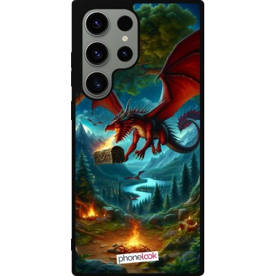 Coque Samsung Galaxy S23 Ultra - Silicone rigide noir Dragon Volant Forêt Trésor