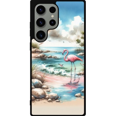 Coque Samsung Galaxy S23 Ultra - Silicone rigide noir Flamant rose aquarelle