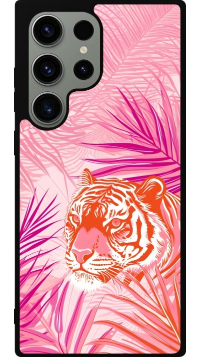 Coque Samsung Galaxy S23 Ultra - Silicone rigide noir Tigre palmiers roses