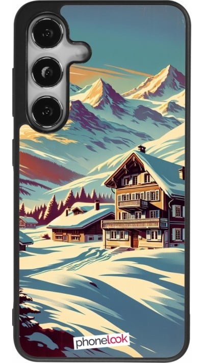 Coque Samsung Galaxy S24 - Silicone rigide noir Chalet montagne enneigée