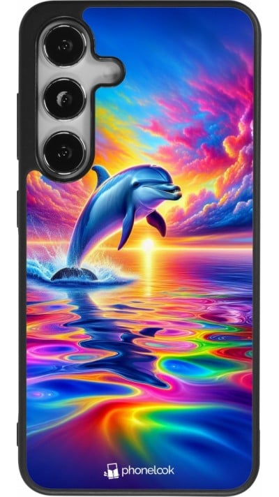 Coque Samsung Galaxy S24 - Silicone rigide noir Dauphin arc-en-ciel heureux