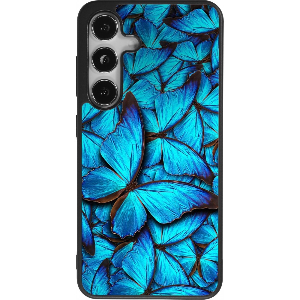 Coque Samsung Galaxy S24 - Silicone rigide noir Papillon bleu