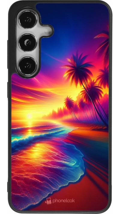 Coque Samsung Galaxy S24 - Silicone rigide noir Plage coucher soleil flashy