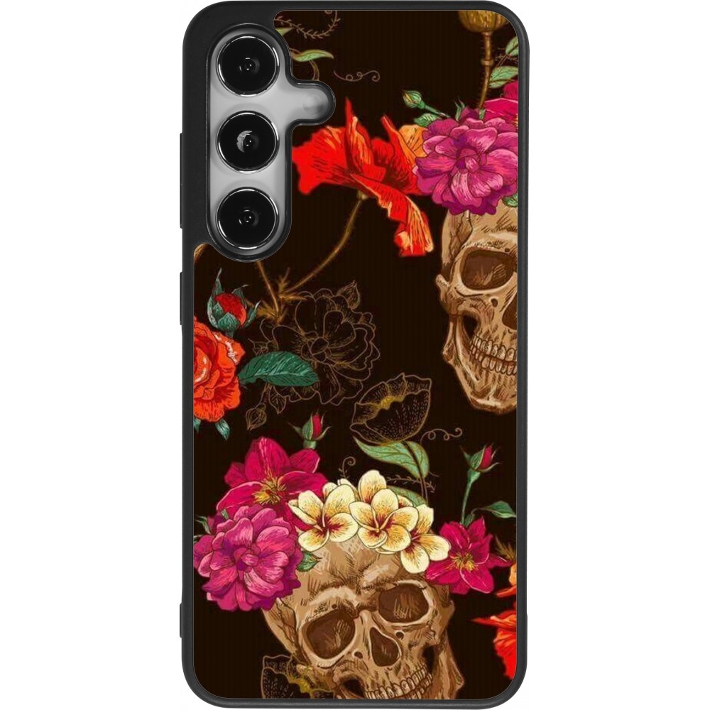 Samsung Galaxy S24 Case Hülle - Silikon schwarz Skulls and flowers