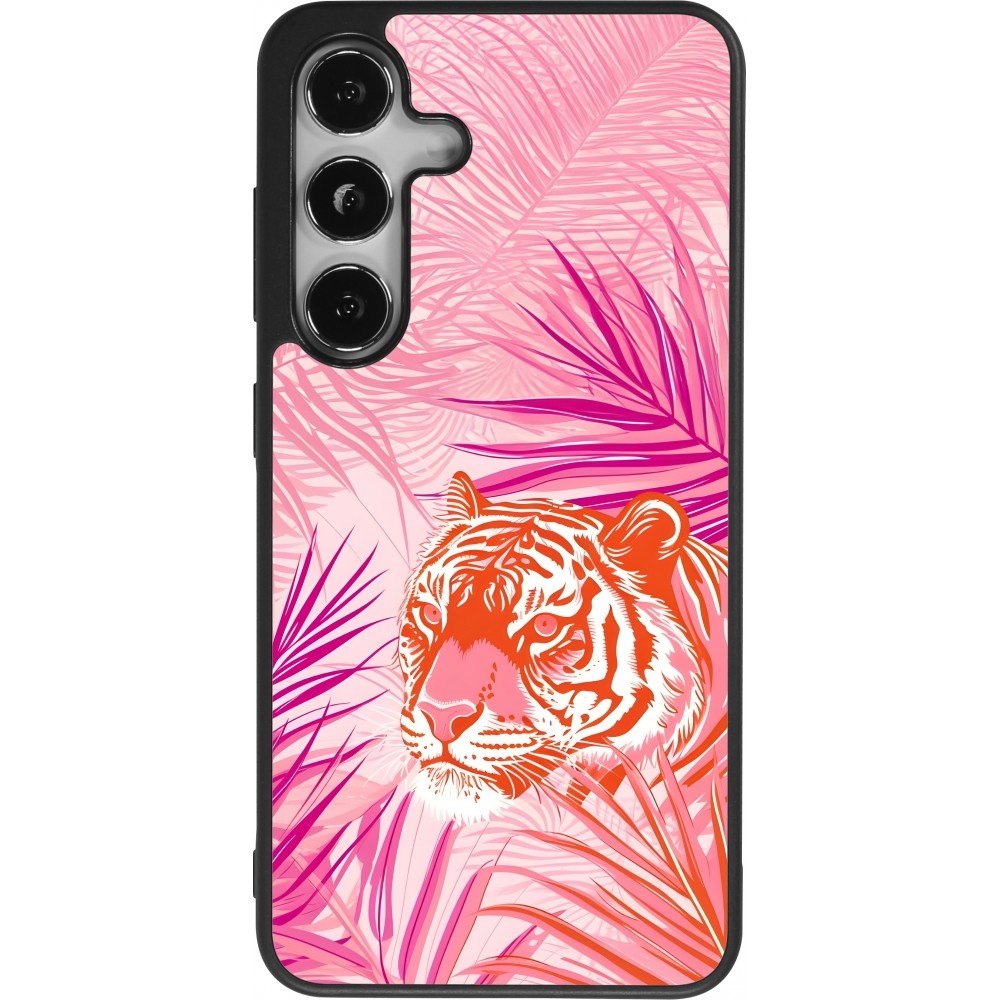 Coque Samsung Galaxy S24 - Silicone rigide noir Tigre palmiers roses