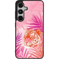 Coque Samsung Galaxy S24 - Silicone rigide noir Tigre palmiers roses