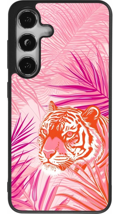 Coque Samsung Galaxy S24 - Silicone rigide noir Tigre palmiers roses