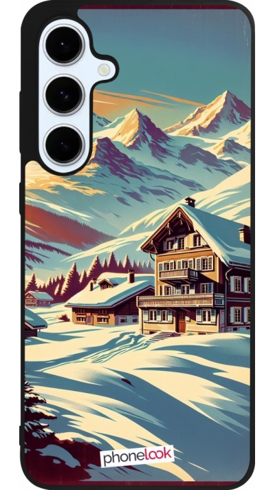 Coque Samsung Galaxy S24 FE - Silicone rigide noir Chalet montagne enneigée