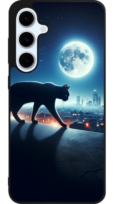 Coque Samsung Galaxy S24 FE - Silicone rigide noir Chat noir sous la pleine lune