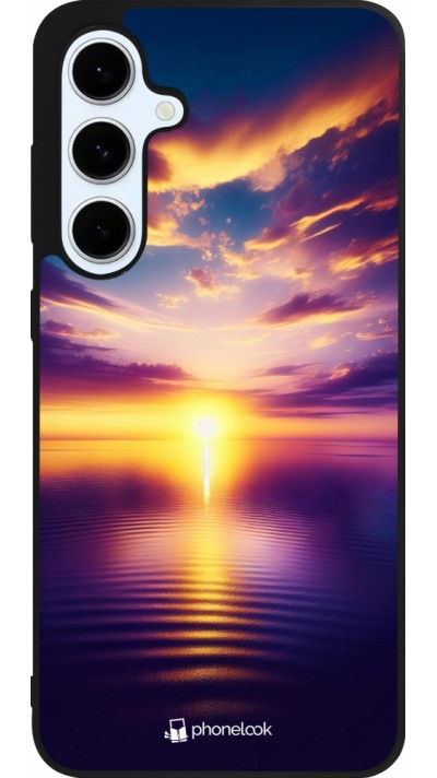 Coque Samsung Galaxy S24 FE - Silicone rigide noir Coucher soleil jaune violet