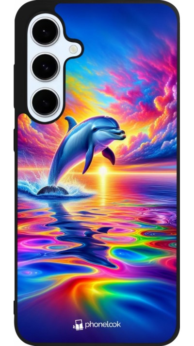 Coque Samsung Galaxy S24 FE - Silicone rigide noir Dauphin arc-en-ciel heureux