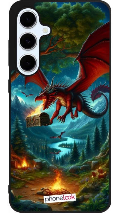 Coque Samsung Galaxy S24 FE - Silicone rigide noir Dragon Volant Forêt Trésor