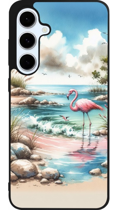 Coque Samsung Galaxy S24 FE - Silicone rigide noir Flamant rose aquarelle