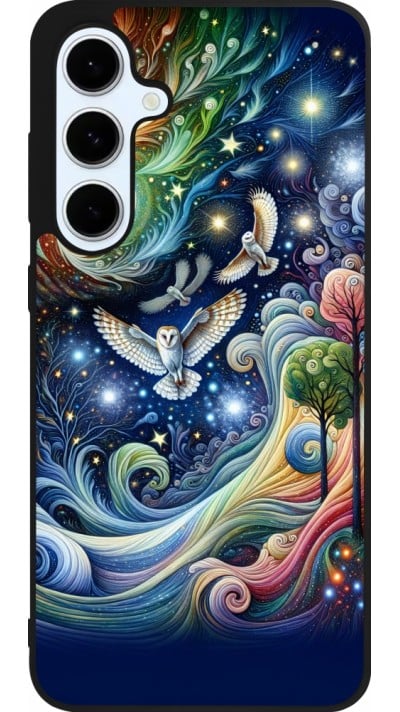 Coque Samsung Galaxy S24 FE - Silicone rigide noir hibou volant floral