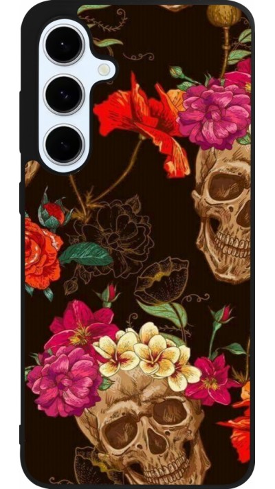 Coque Samsung Galaxy S24 FE - Silicone rigide noir Skulls and flowers