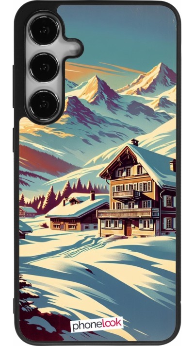 Coque Samsung Galaxy S24+ - Silicone rigide noir Chalet montagne enneigée