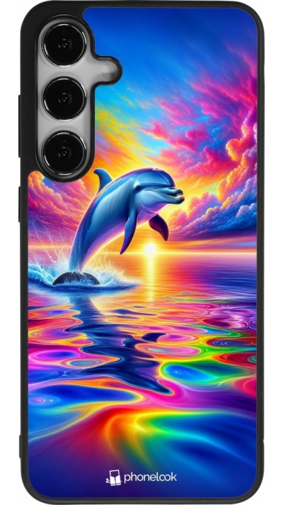 Coque Samsung Galaxy S24+ - Silicone rigide noir Dauphin arc-en-ciel heureux