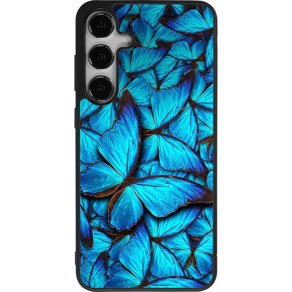 Coque Samsung Galaxy S24+ - Silicone rigide noir Papillon bleu