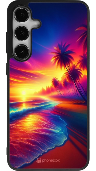 Coque Samsung Galaxy S24+ - Silicone rigide noir Plage coucher soleil flashy