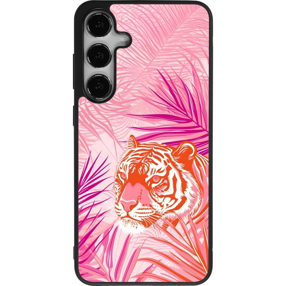 Coque Samsung Galaxy S24+ - Silicone rigide noir Tigre palmiers roses