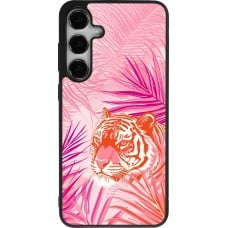 Coque Samsung Galaxy S24+ - Silicone rigide noir Tigre palmiers roses