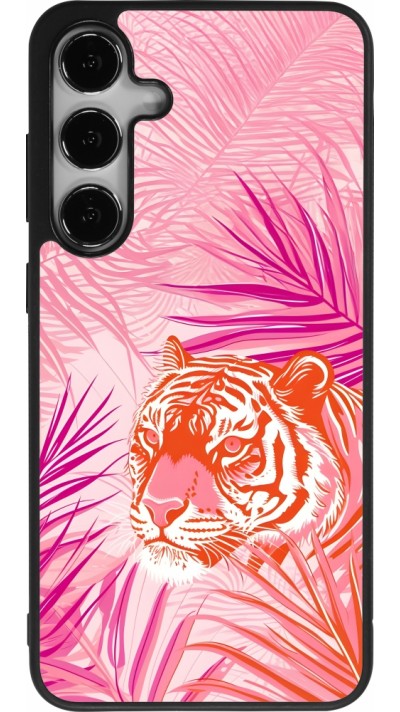 Coque Samsung Galaxy S24+ - Silicone rigide noir Tigre palmiers roses